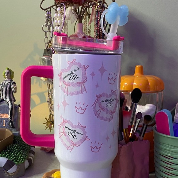 Stylish Pink and White Tumbler with Straw - Picture 1 of 5